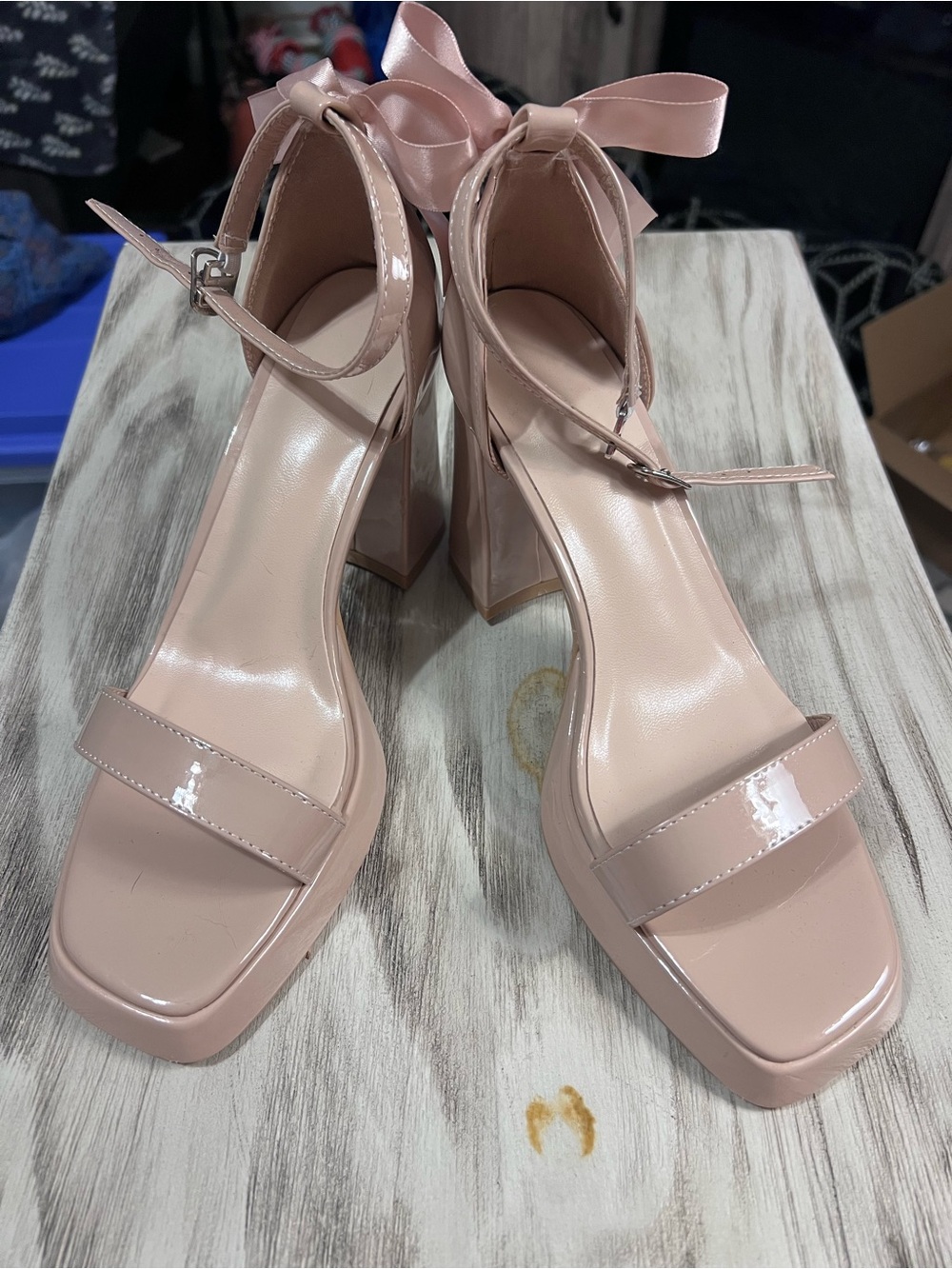 Women’s Blush Patent Block Heel Sandals Satin Bow Ankle Strap EU 38 US 7.5